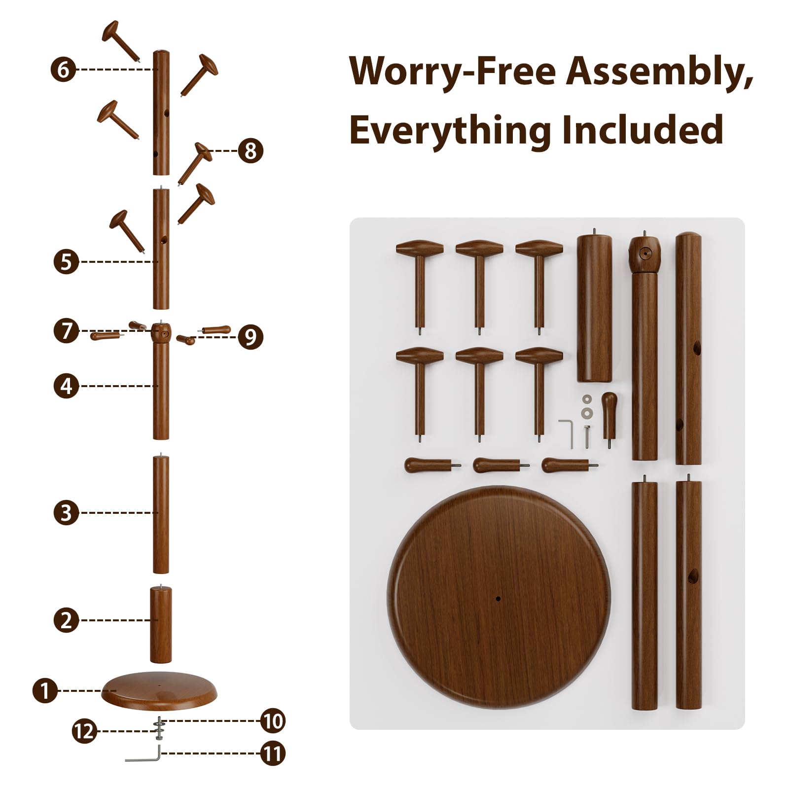 Freestanding Wood Coat Rack with 10 Hooks