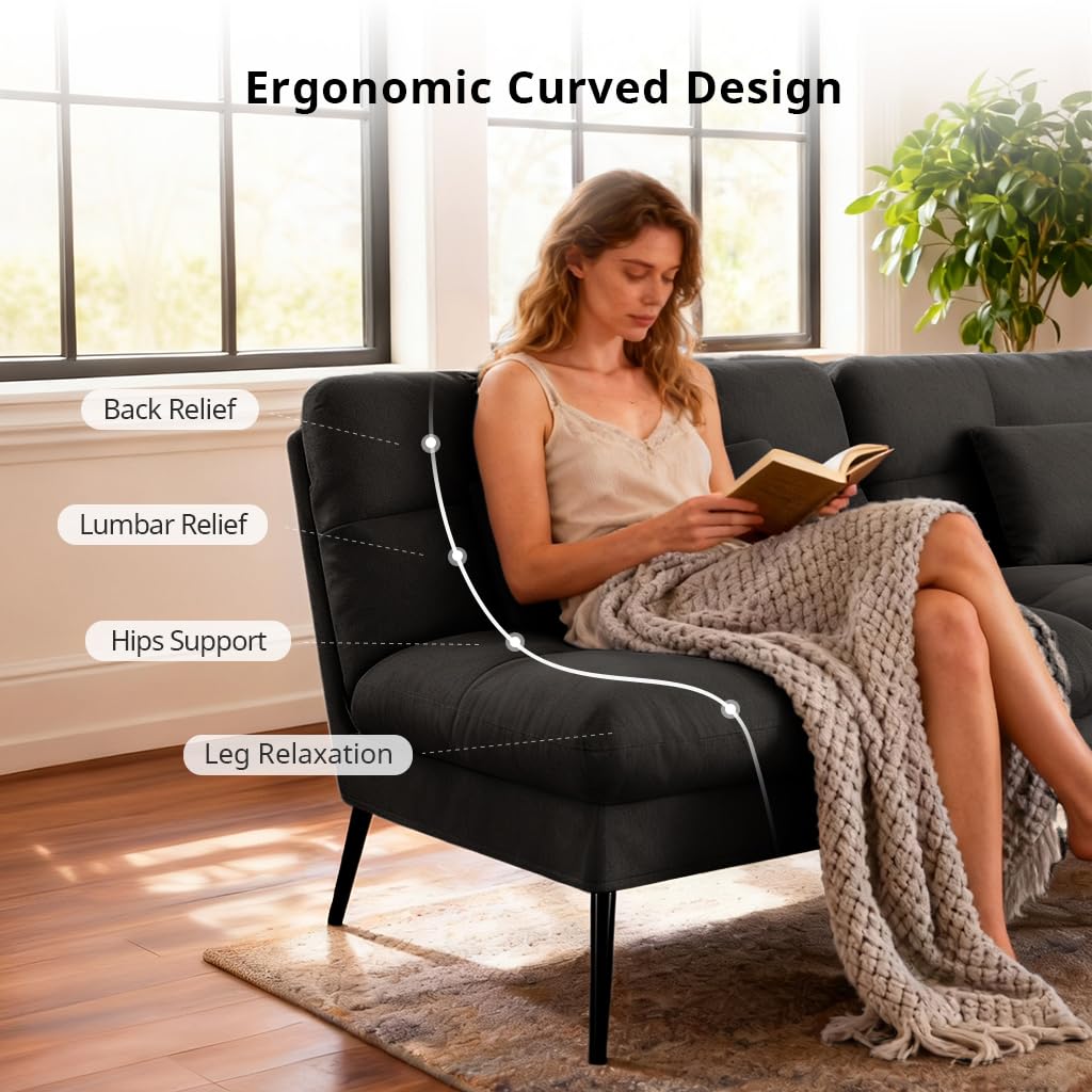 COMHOMA 72″ Convertible Futon Sofa Bed, Adjustable Backrest, Black