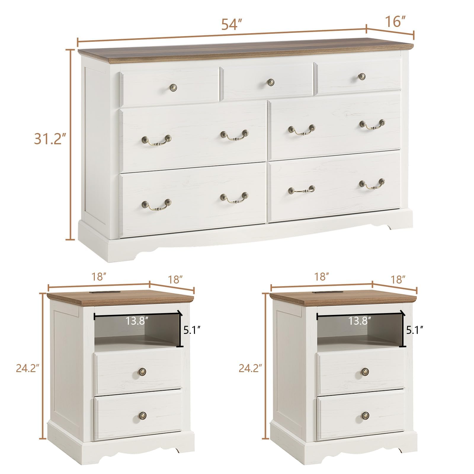 AMERLIFE Farmhouse 3 Pieces Bedroom Sets, Include 54" Wide 7 Drawers Dresser, Nightstand Set of 2 with Charging Station, Rustic Retro Bedroom Furniture Set, White