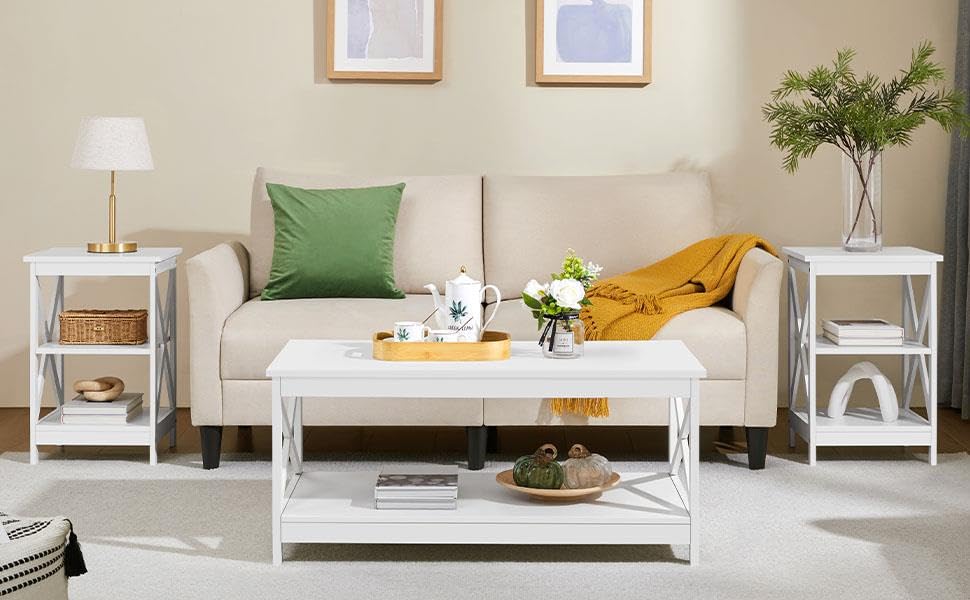 3-Piece Coffee & End Table Set – X-Design with Shelf