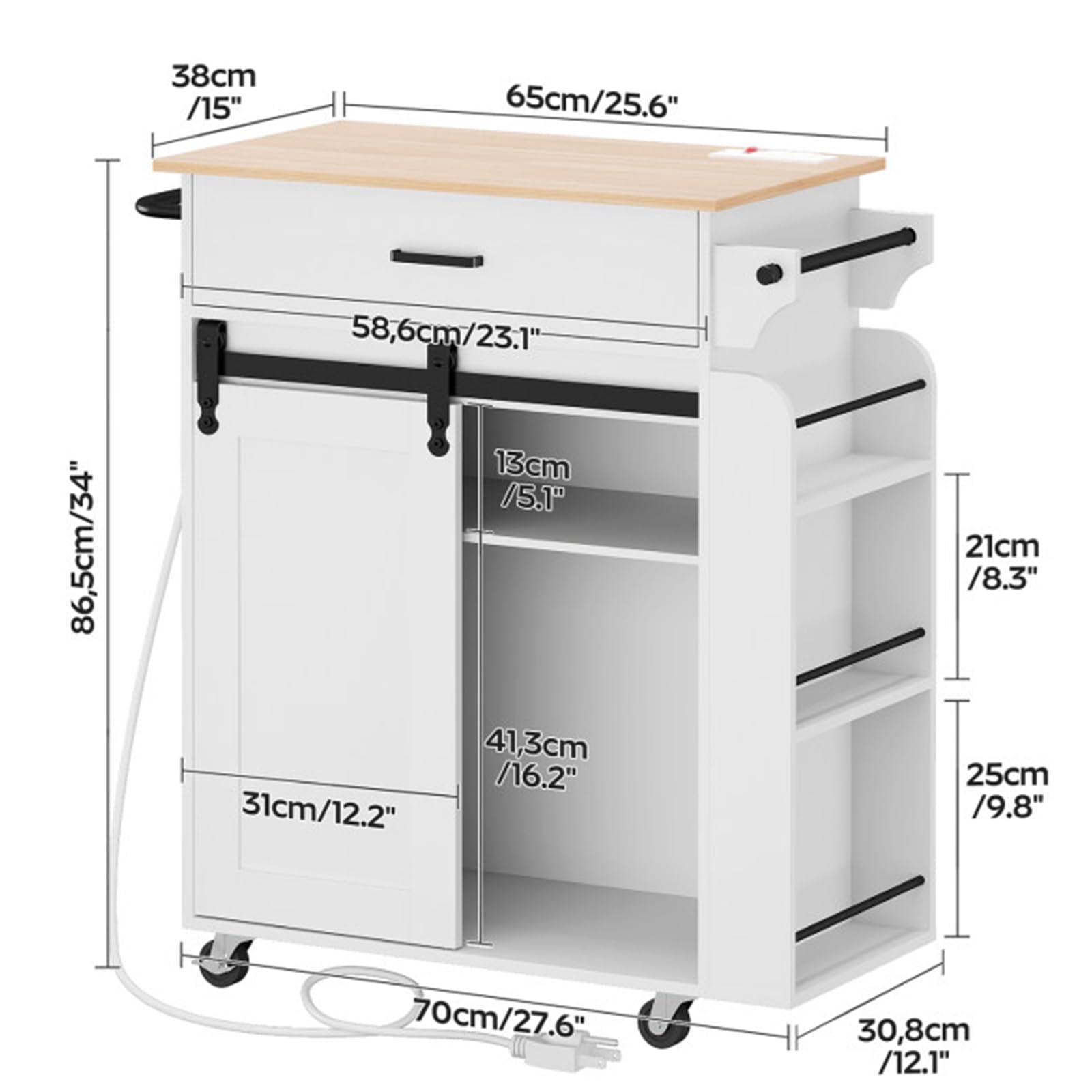 YATINEY Kitchen Island with Storage, Mobile Kitchen Cart with Charging Station, Kitchen Island on Wheels, Rolling Island Table with Sliding Cabinet Door, White and Natural ZD01UWN