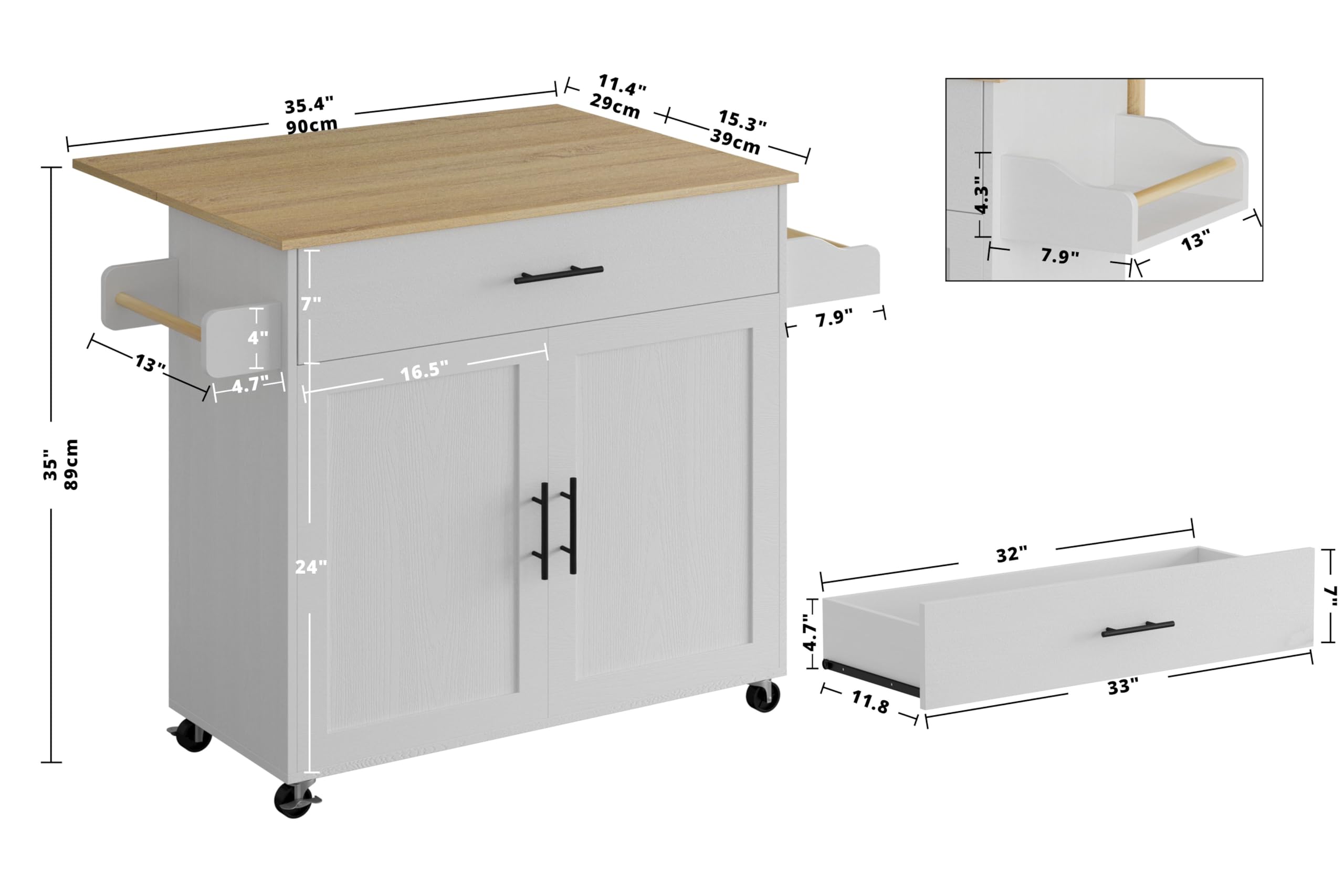 Rolling Kitchen Island with Drop Leaf & Storage