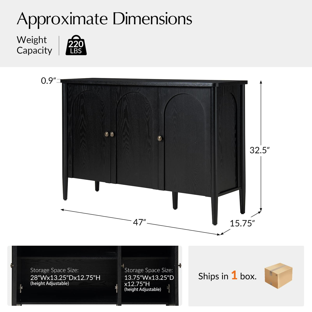 HULALA HOME 47" Arched Sideboard Buffet Cabinet with Storage, Black
