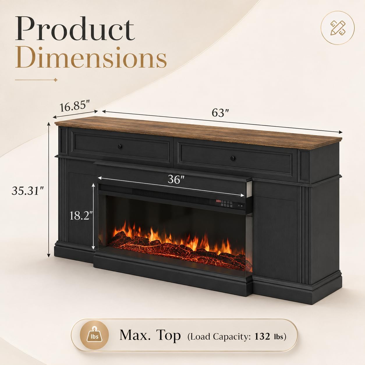 63 inch Fireplace TV Stand for TVs up to 70" with 36" 3-Sided Electric Fireplace with Mantel, Modern Media Entertainment Center, Farmhouse TV Console for Living Room with Drawers and Storage, Black