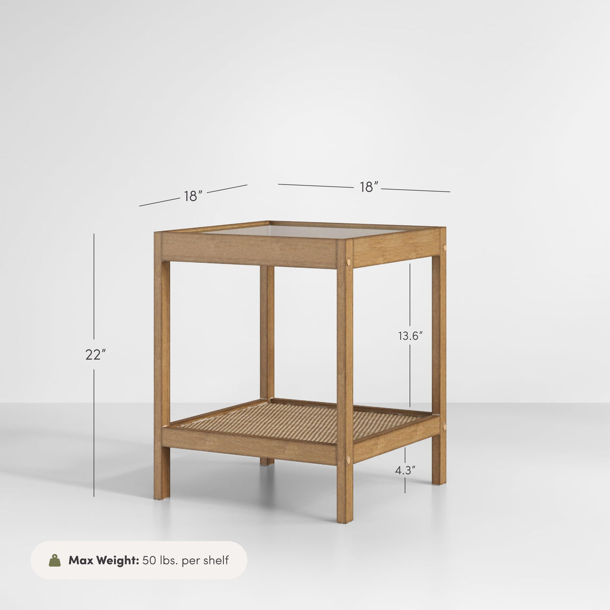 Nathan James 33301 Hayes Solid Wood Nightstand, Bedside, End or Side Table in Light Brown Wood Finish & Glass Top with Open Storage Shelf, 18 in x 18 in x 22 in