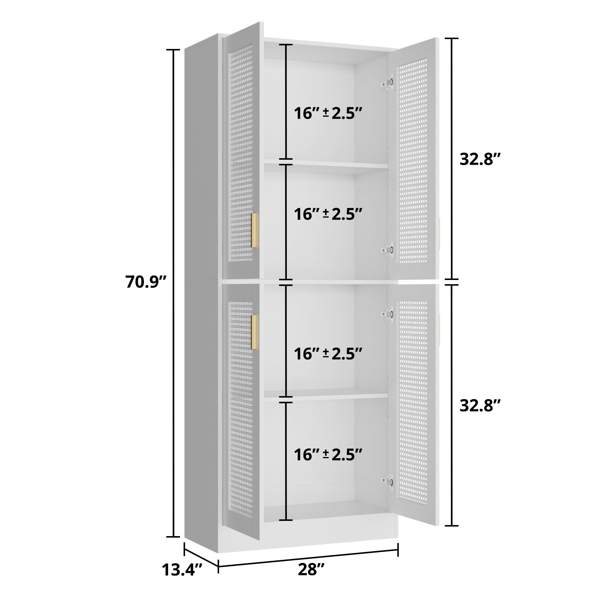 Cozy Castle Kitchen Pantry Cabinet, 71" Tall Rattan Doors Storage Cabinet and Adjustable Shelves, Modern Farmhouse Wood Cupboard Utility Hutch for Kitchen, Dining Room, Living Room (White)