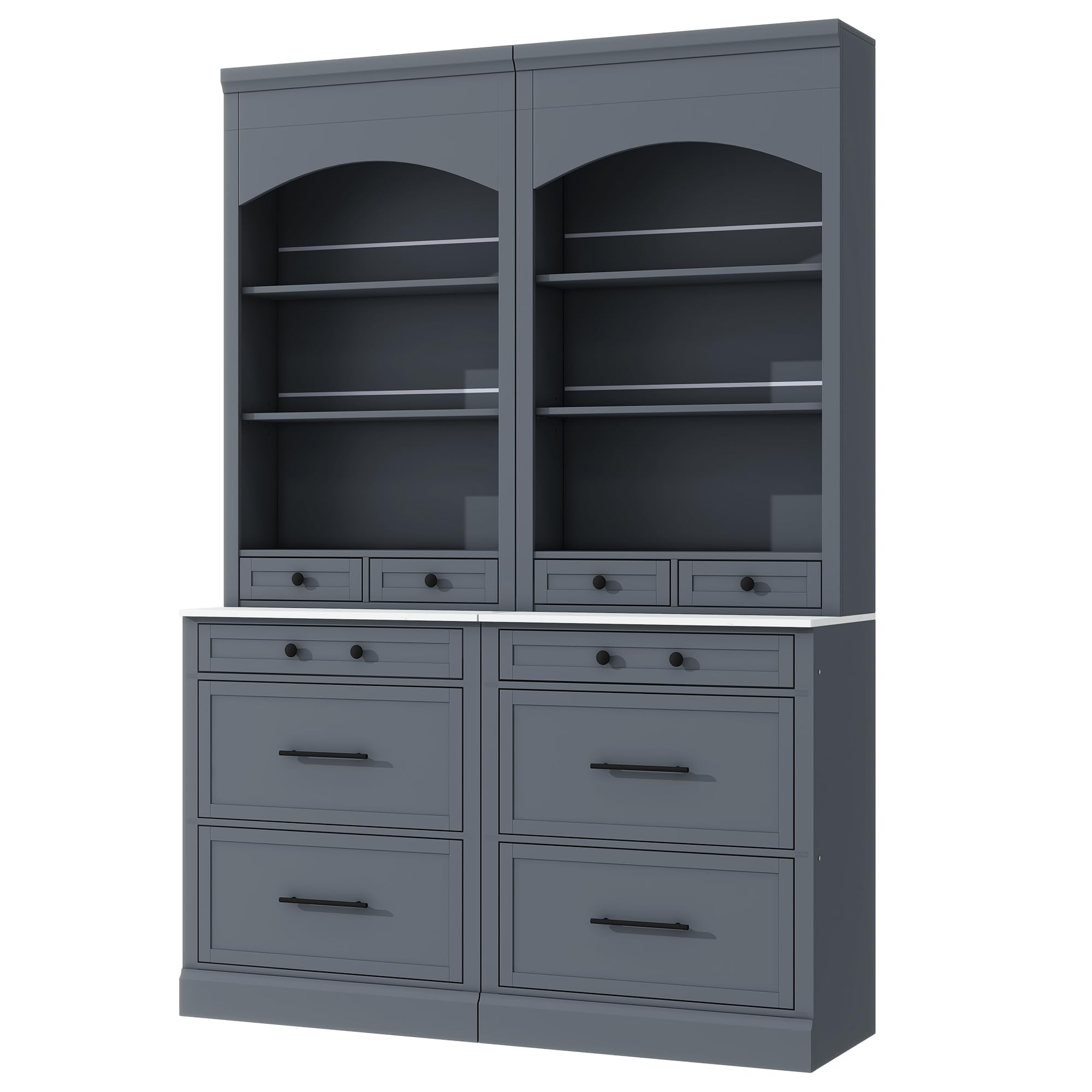 Merax Modern 83.7inch Freestanding Kitchen Hutch with Faux Marble Top, Kitchen Pantry with 5 Storage Drawers and Adjustable Shelf, Set of 2, Gray