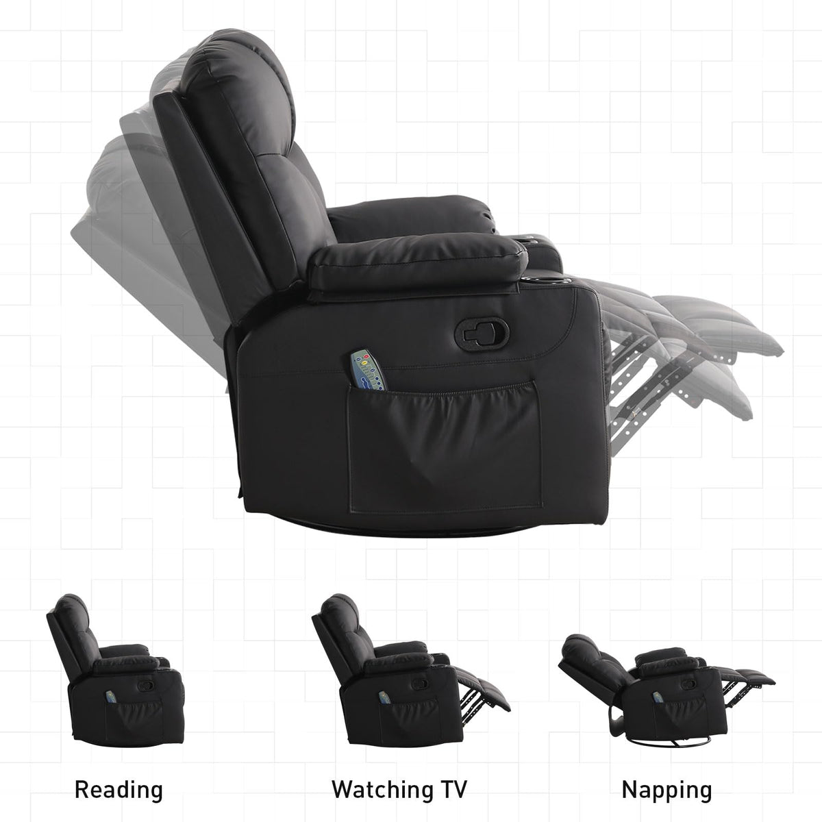Bonzy Home Oversized Swivel Rocker Recliner, Rocking Recliner Chair, Black