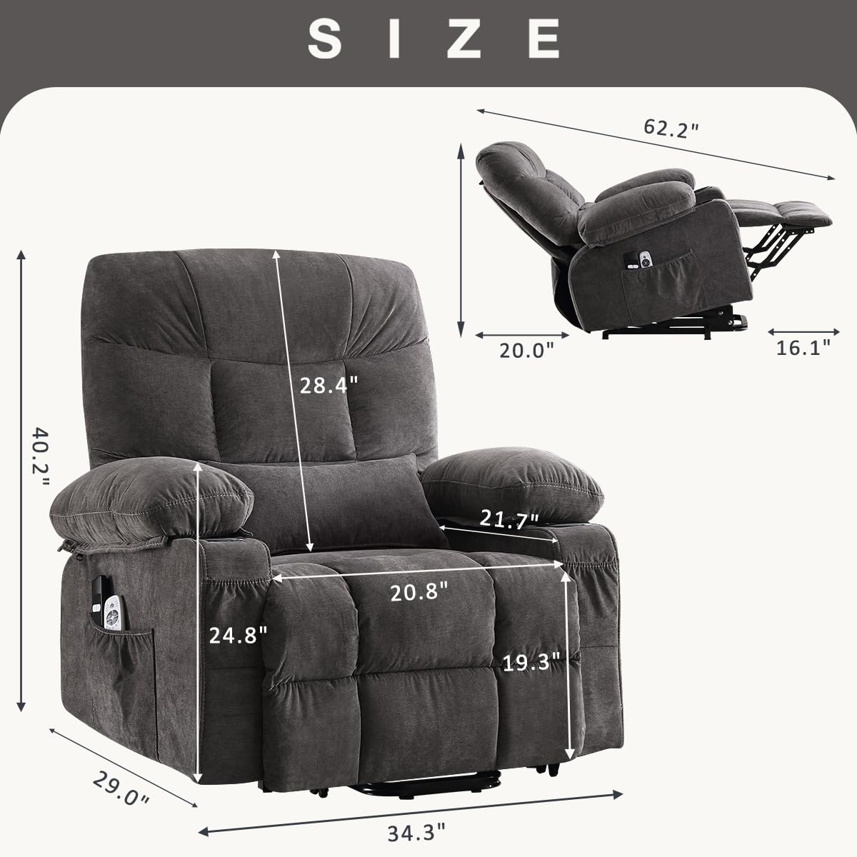 KWKSV Power Lift Recliner Chair for Elderly,8-Point Vibration Massage & Heat,Electric Lift Chair with Two Cup Holders,4 Side Pockets,Extended Footrest for Living Room