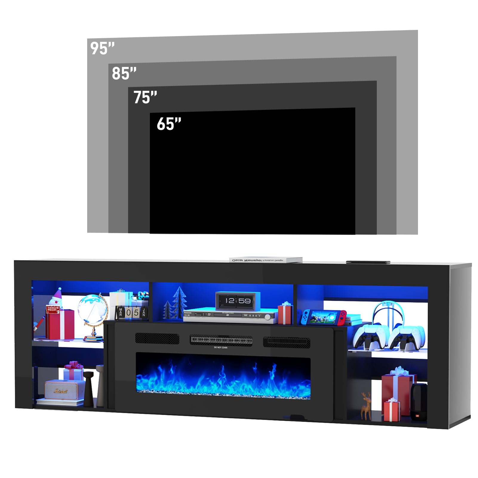 jiteentarou 71" Floating Fireplace TV Stand for up to 85" TVs, Modern High Gloss Entertainment Center w/40 Electric Fireplace, Charging Station&LED Lights, Fireplace TV Media Console w/Storage, Black