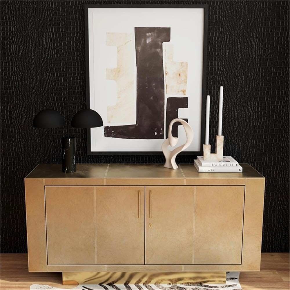 Maklaine Modern Leather Buffet, Gold Finish, Meranti Wood Trim, 70.5"W x 18"D x 34"H, Polysuede-Lined Interior, Adjustable Shelves, Tray Drawer, Brass Platform Base and Handles, Contemporary Sideboard