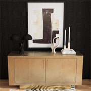 Maklaine Modern Leather Buffet, Gold Finish, Meranti Wood Trim, 70.5"W x 18"D x 34"H, Polysuede-Lined Interior, Adjustable Shelves, Tray Drawer, Brass Platform Base and Handles, Contemporary Sideboard