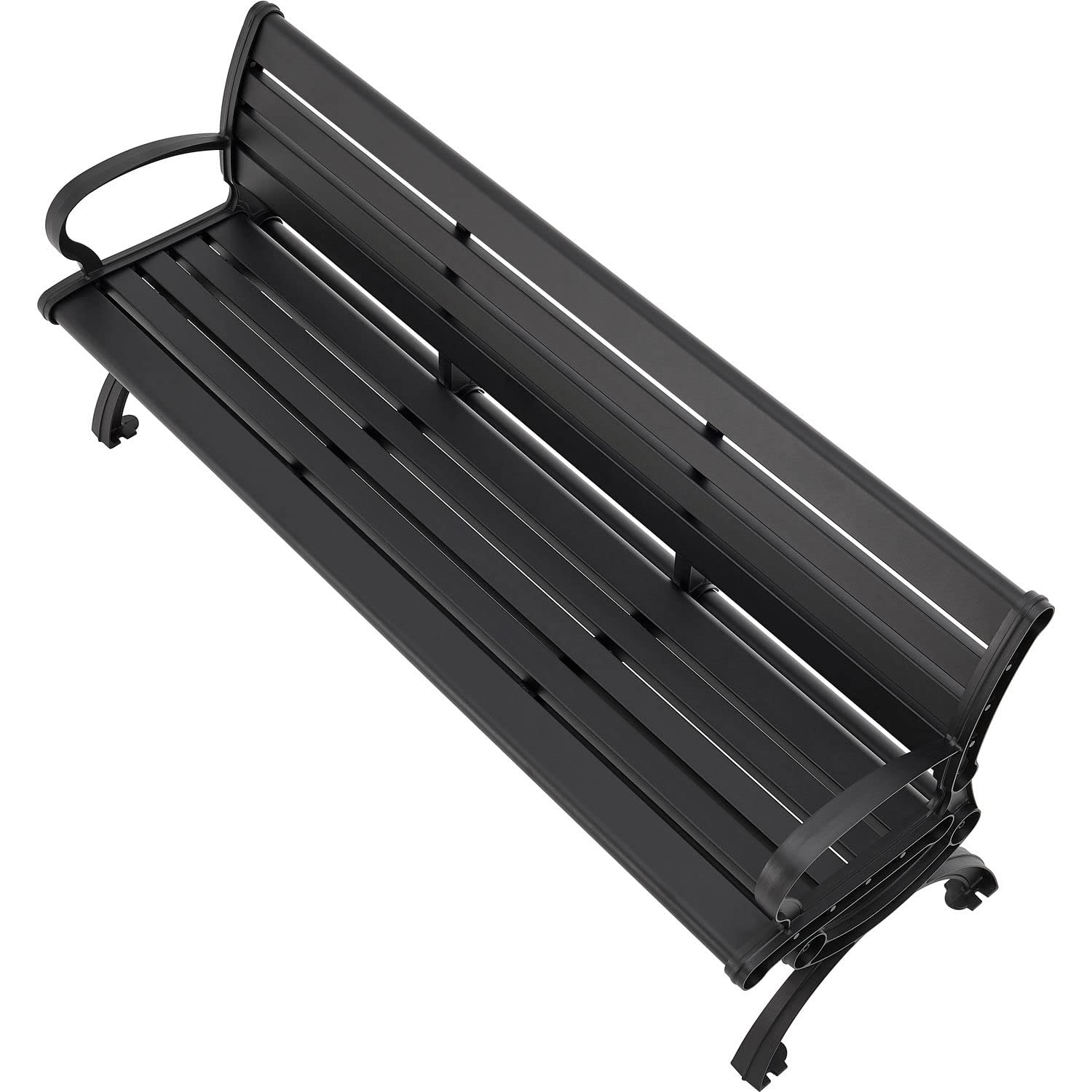 Global Industrial 6'L Outdoor Park Bench with Backrest, Horizontal Slats, Aluminum, 1100 lbs Capacity, Powder Coated Black Finish, Unassembled, Commercial Seating