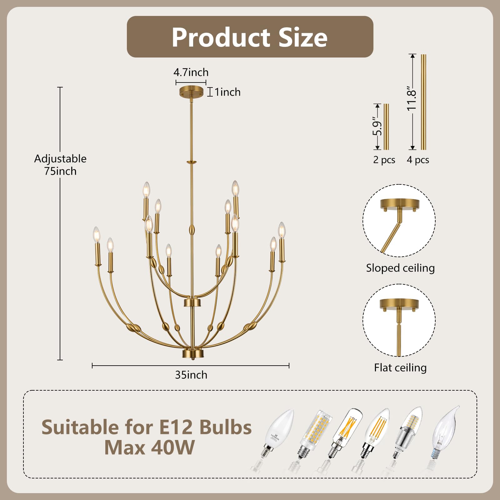 ACANER Modern Gold Chandelier, 12- Light Large Chandelier for High Ceilings, 35 inch 2-Tier Candle Style Rustic Hanging Light Fixture for Living Room Foyer Entryway