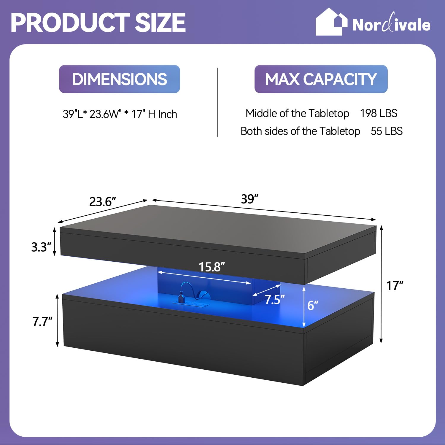 39” Modern High-Glossy LED Coffee Table with 2 Sliding Drawers, Living Room Storage Coffee Tables, Modern Stylish Double-Layer Center Tables with LED Lights, Black