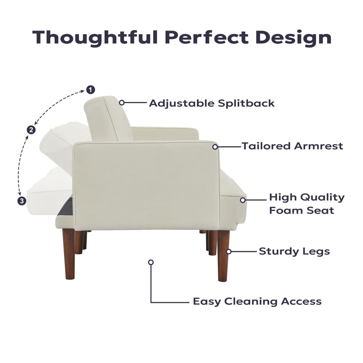 Furnify 71" Velvet Futon Sofa Bed, Versatile Loveseat Couch, Sleeper Sofa with Adjustable Backrest, Mid Century Modern Futon Couch for Small Space, Living Room, Office & Apartment, Velvet Fabric Beige