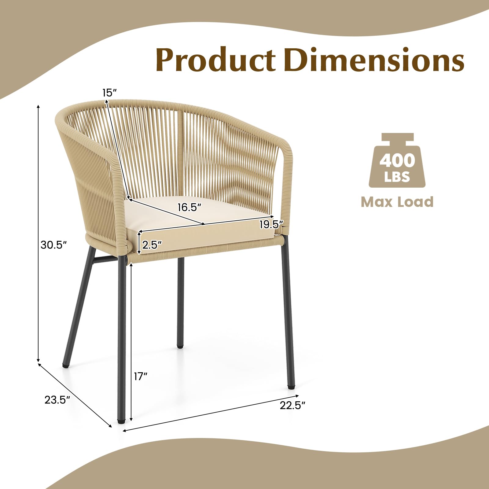 Tangkula Patio Chairs Set of 4, Outdoor Accent Chairs with Woven Rope Curved Backrest & Armrests, Seat Cushion, Adjustable Foot Pads, Modern Dining Chair for Dining Room, Patio, Backyard, Beige