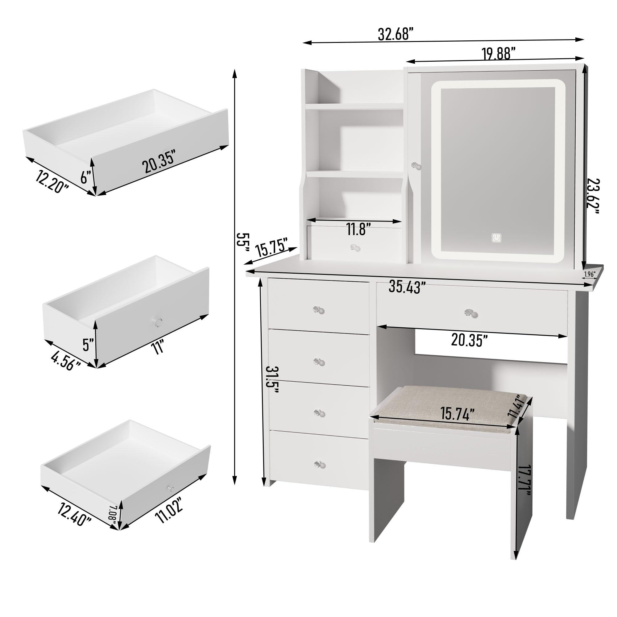 ALEAVIC Vanity Desk with Mirror and LED Lights, Makeup Vanity Set with Power Outlet, and Stool,Jewelry Storage,White Vanity Desk for Bedroom