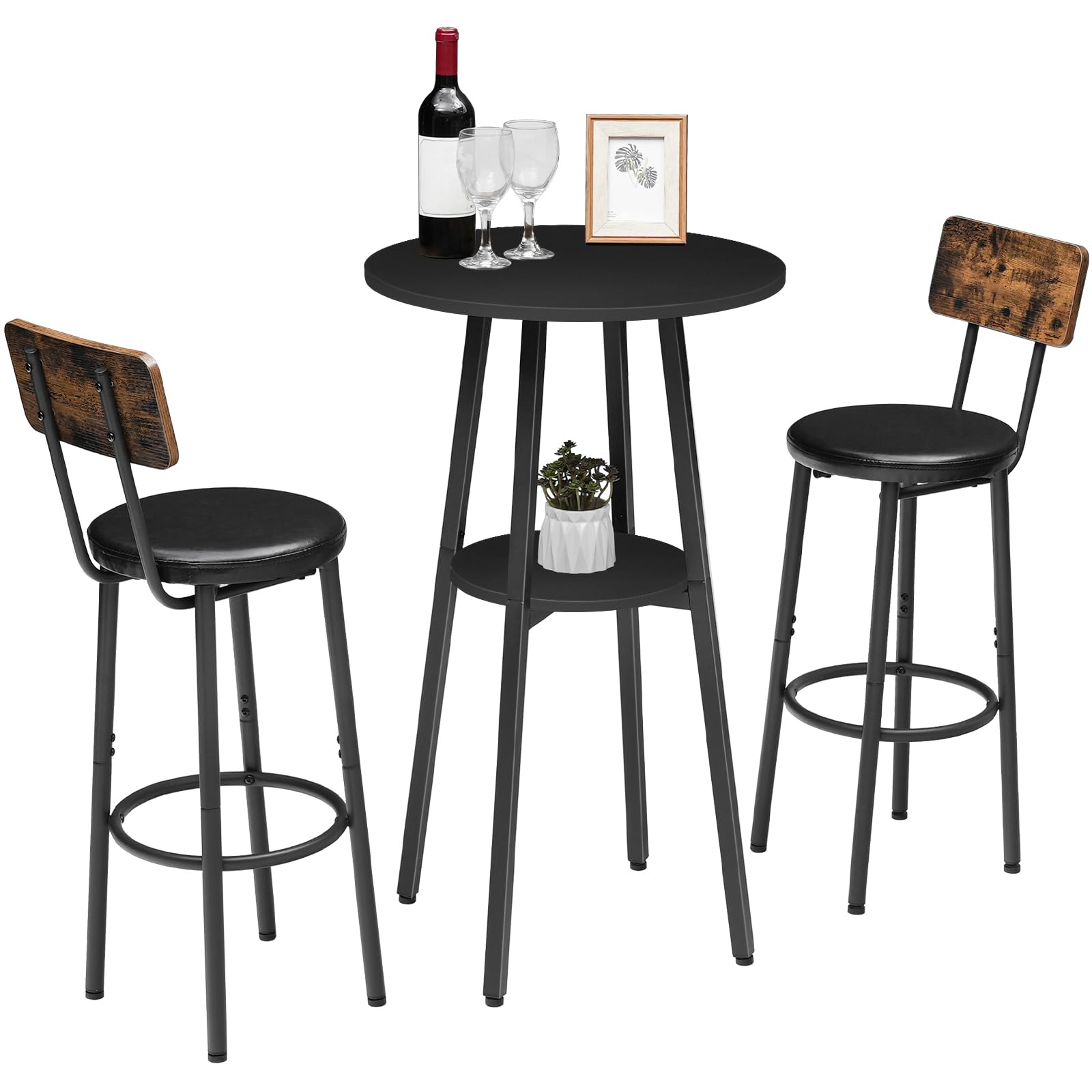 HOOBRO Bar Table, Round Pub Table, 2-Tier Bistro Table with Storage, 37.4" High for Small Spaces, with Top Particleboard for Kitchen, Easy to Assemble, Black BB55BT01