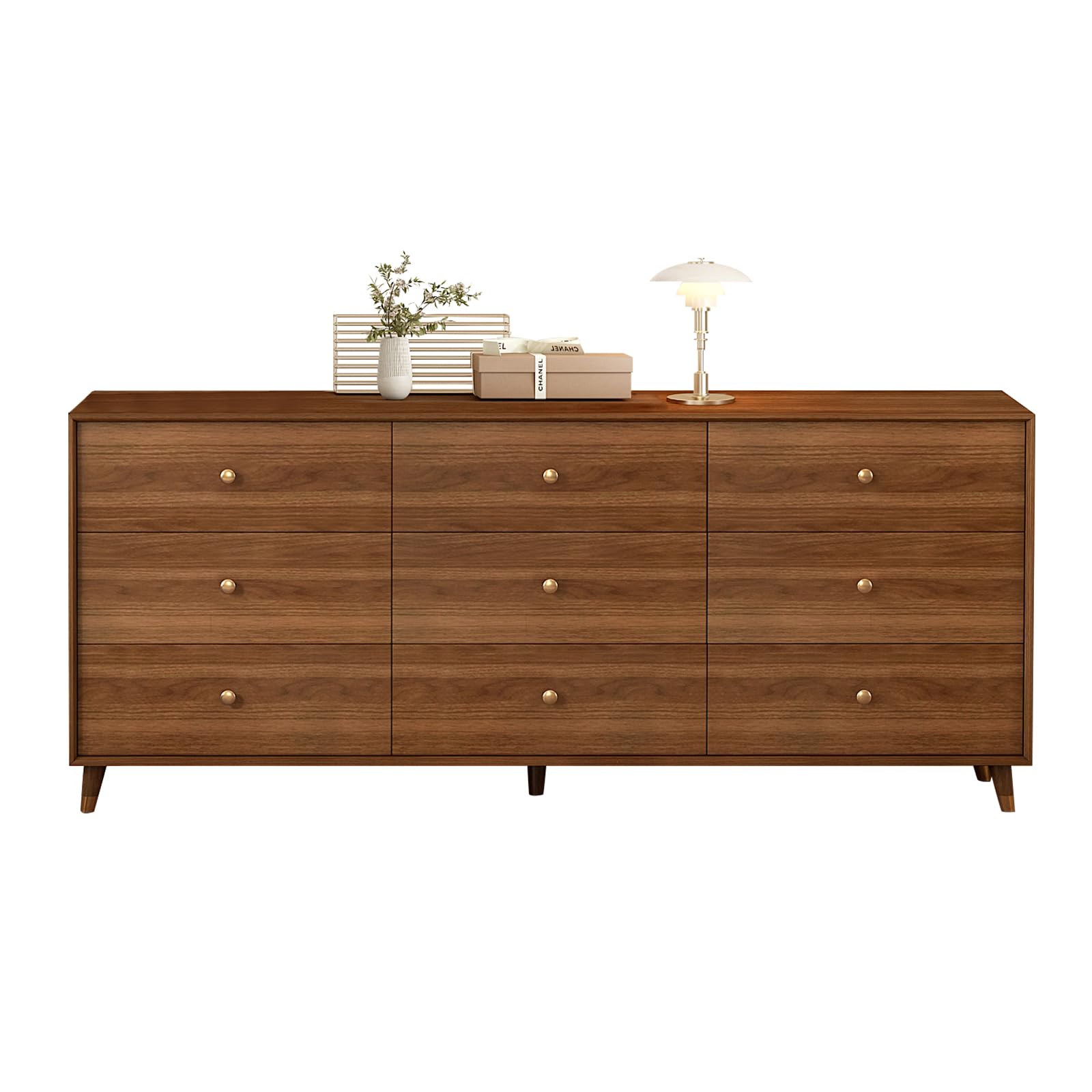 Messenya 9 Drawer Dresser for Bedroom, 63 Inch Walnut Dresser for Closet, Mid Century Wood Chest of Drawers with Natural Texture & Pre-Embedded Slots for TV Stand, Living Room, Hallway, Office