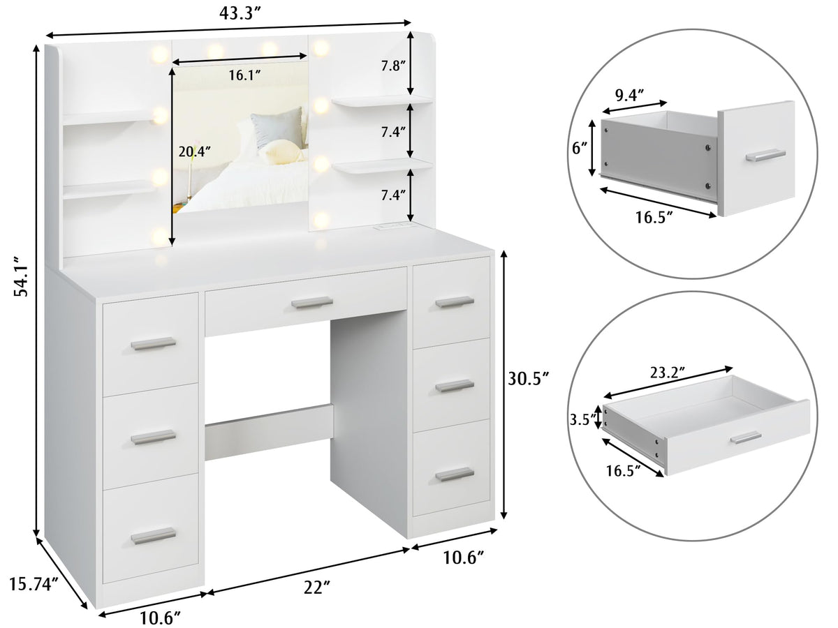 YESHOMY Vanity Desk with Mirror, Outlet, 10 Lights & 7 Drawers,Pure White