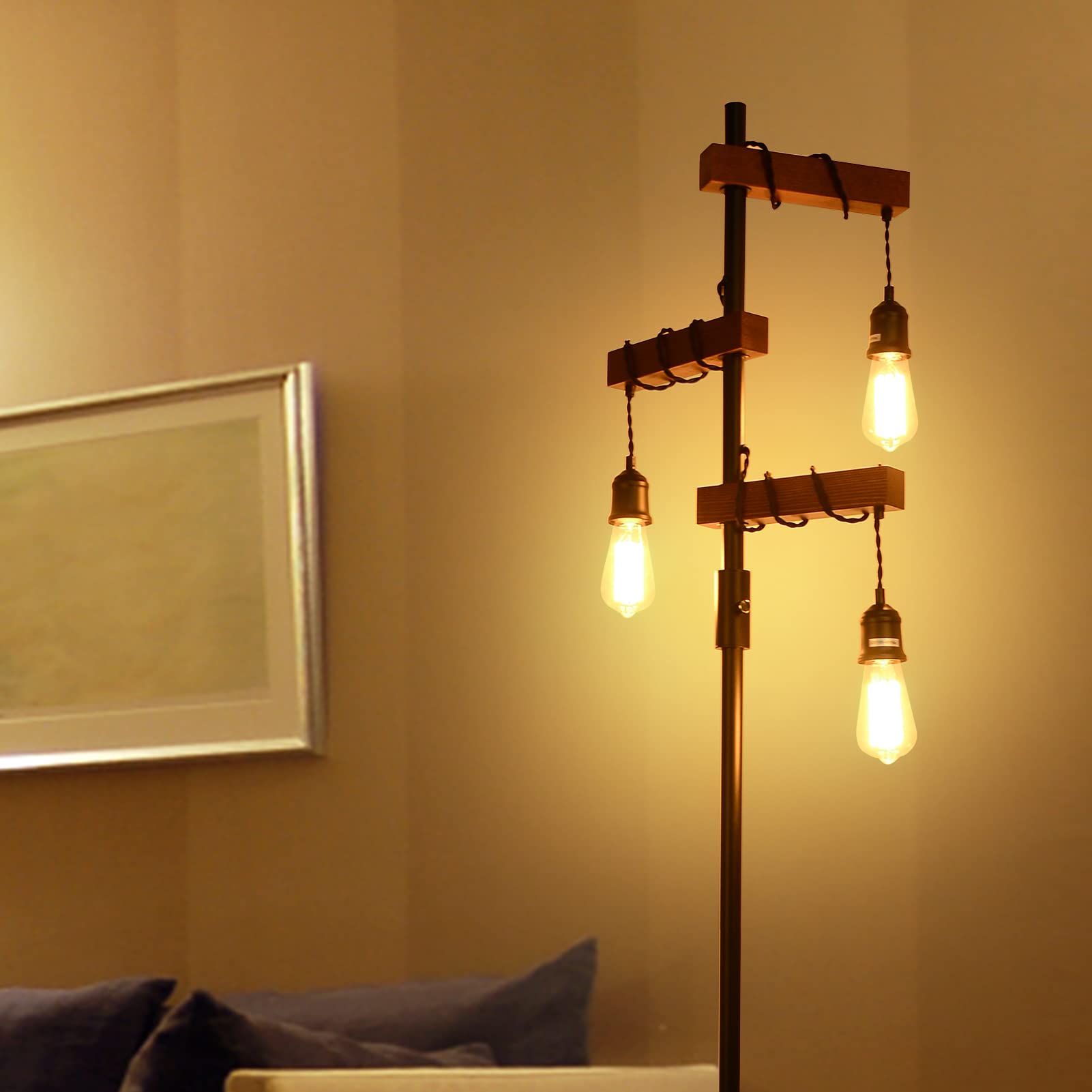 3-Head Wood Floor Lamp with Dimmable Switch