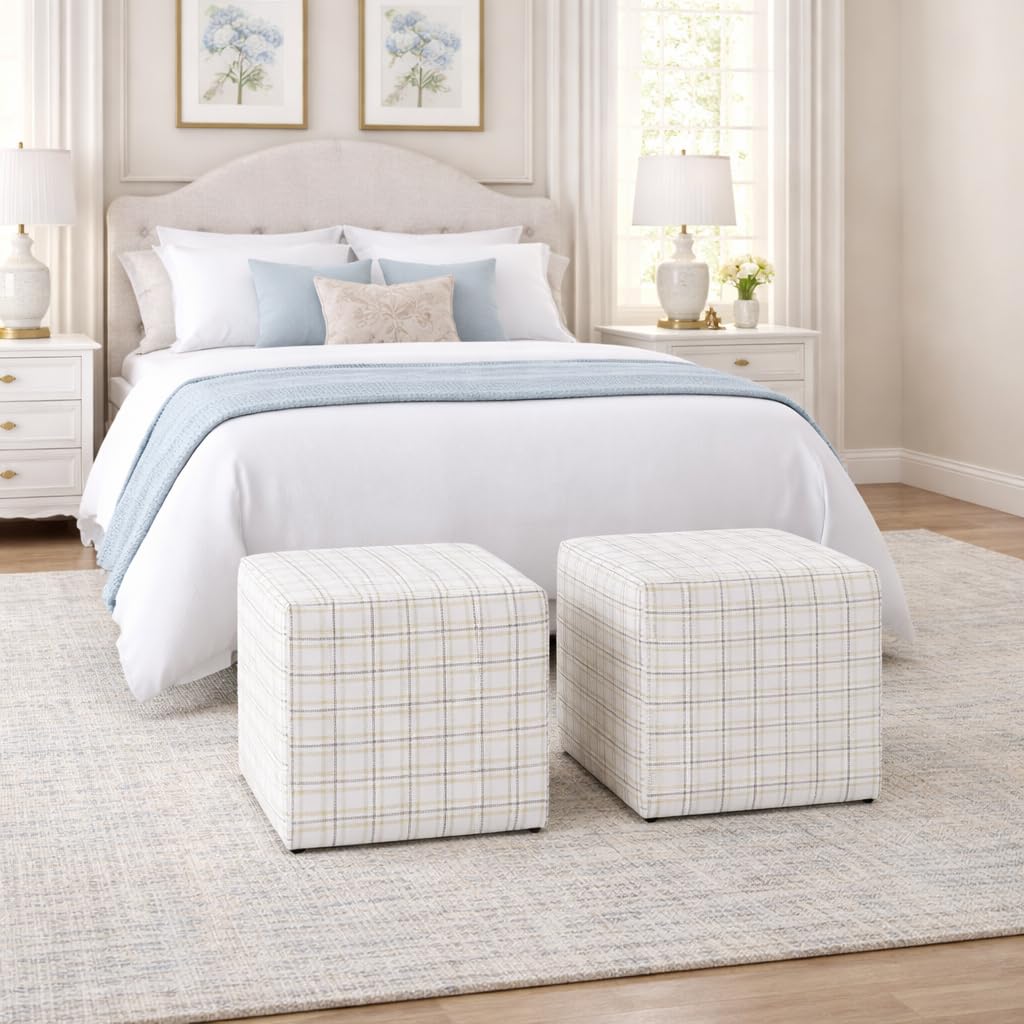 HomePop 19” Square Upholstered Ottoman with Solid & Engineered Wood Frame, Modern Cube Accent Stool for Living Room, Bedroom or Entryway - Natural Plaid Woven Fabric