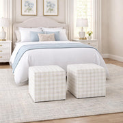 HomePop 19” Square Upholstered Ottoman with Solid & Engineered Wood Frame, Modern Cube Accent Stool for Living Room, Bedroom or Entryway - Natural Plaid Woven Fabric