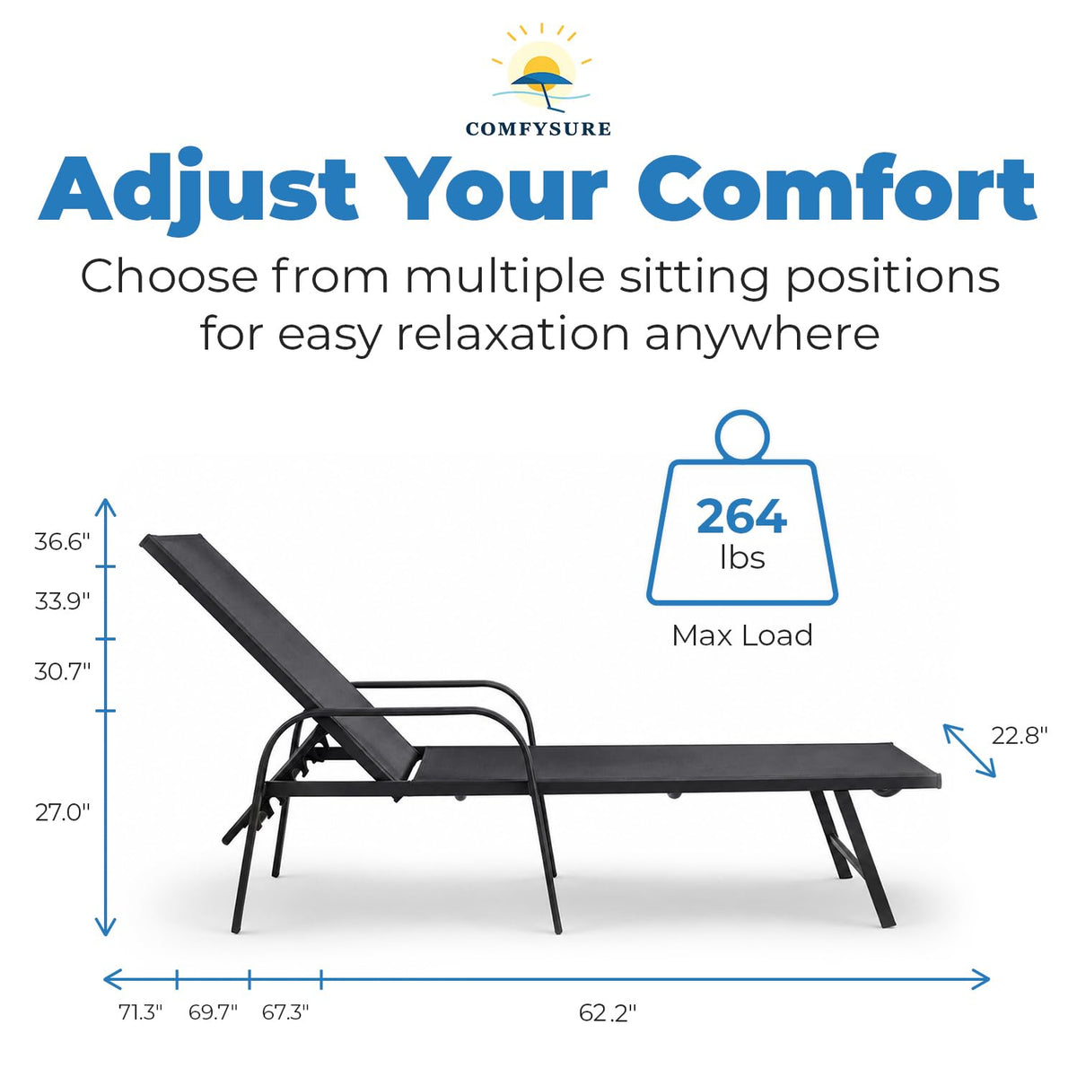ComfySure Metal Outdoor Lounge Chairs, Set of 2 with Armrests – 5-Position Adjustable Recline, Weather-Resistant Anti-Rust Finish – Patio, Deck & Poolside Sun Loungers, Charcoal