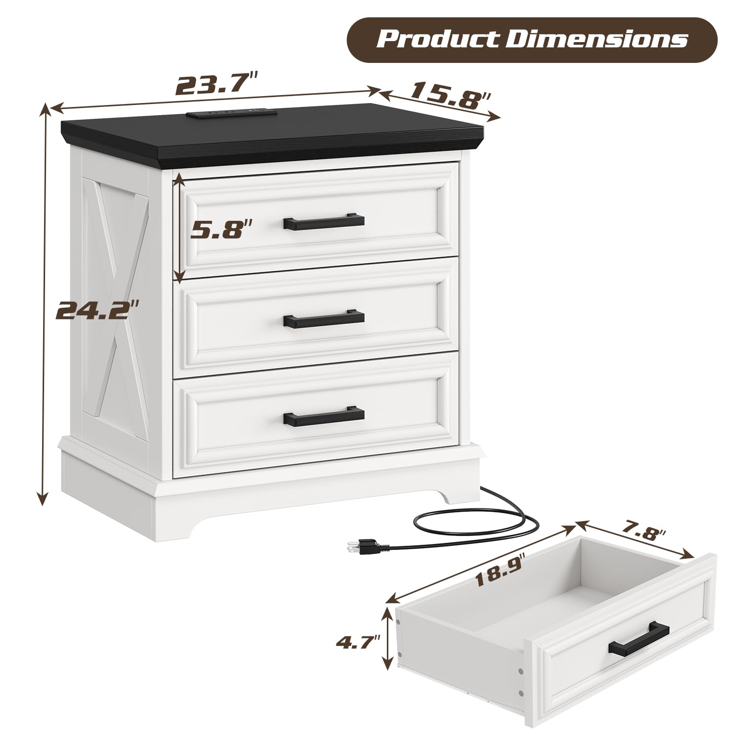 knoworld 24 Inch Wide Farmhouse Nightstands Set of 2 with Charging Station, White Nightstand with 3 Large Drawers, Rustic Wood End Table for Bedroom