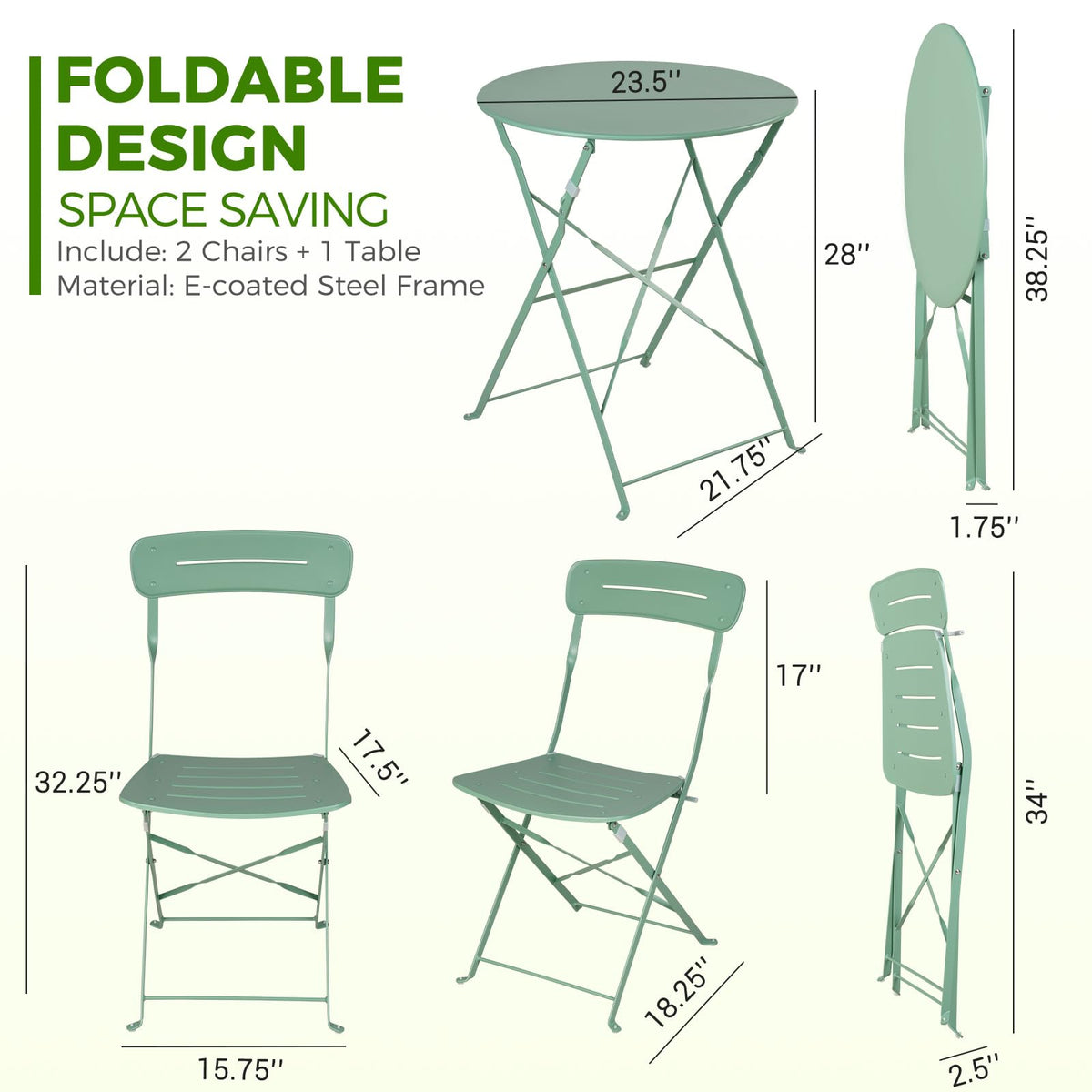 Grand patio Premium Frame Patio Bistro Set, Colorful Folding Outdoor Patio Furniture Sets, 3-Piece Patio Table and Chair Set, Sage Green