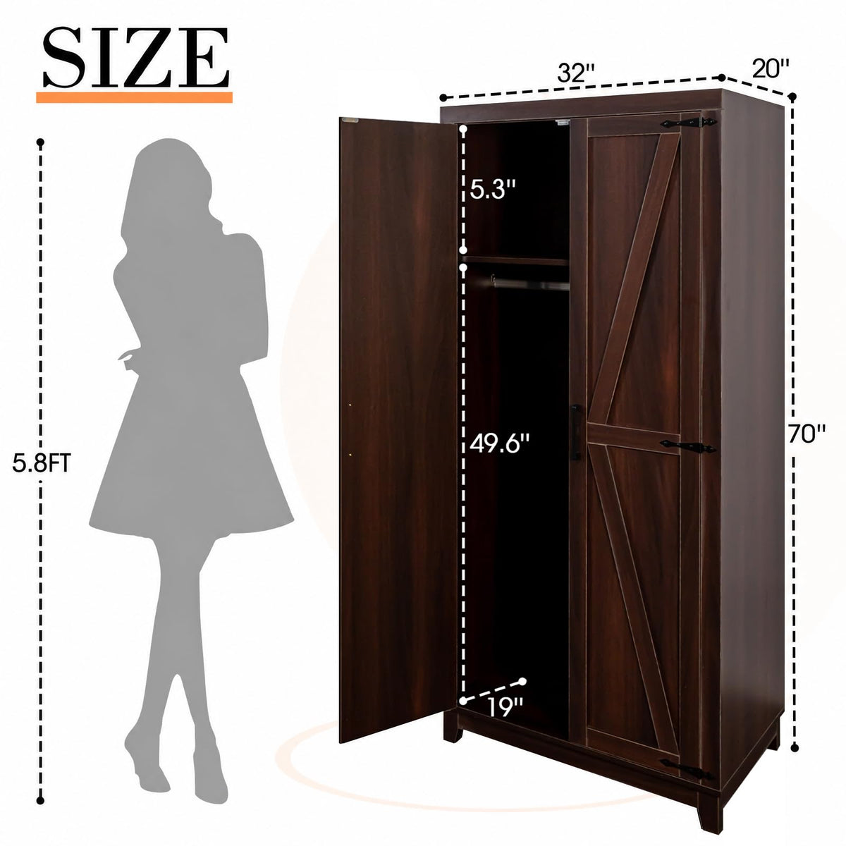 WERSMT 70" Tall Wooden Wardrobe Closet with Doors, Espresso