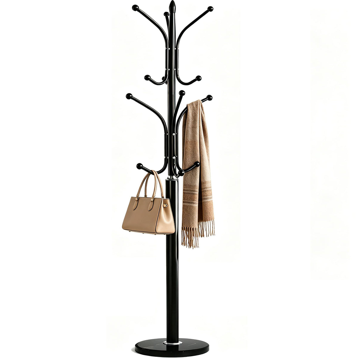 VEKOID 12 Hooks Metal Coat Rack Freestanding Coat Tree with Marble Base, Heavy Duty Coat Rack Stand for Clothes Hats Bags, Coat Hanger Stand for Corner Entryway Bedroom Office (Black)