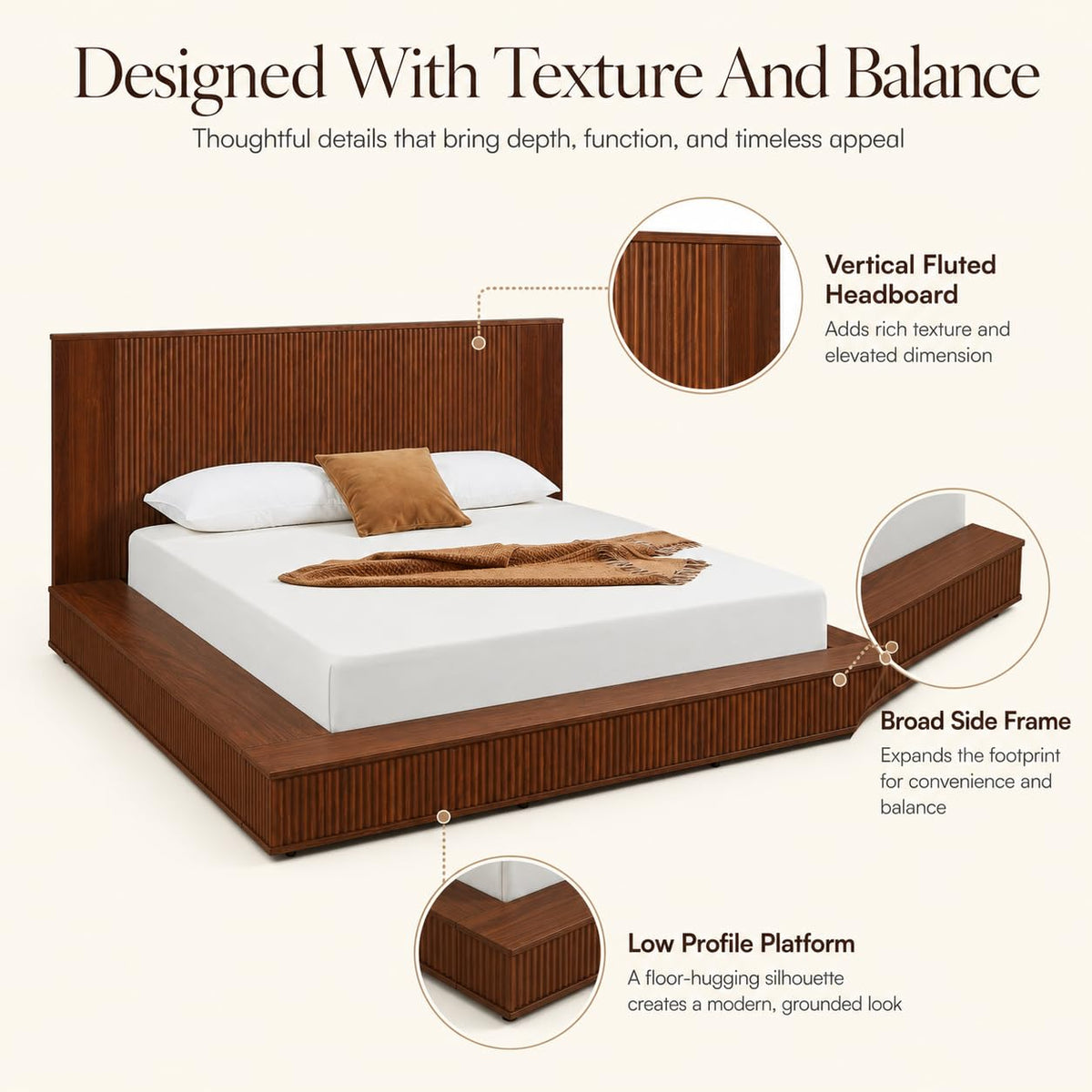 Low Profile Queen Platform Bed Frame with Vertical Fluted Headboard (Queen)