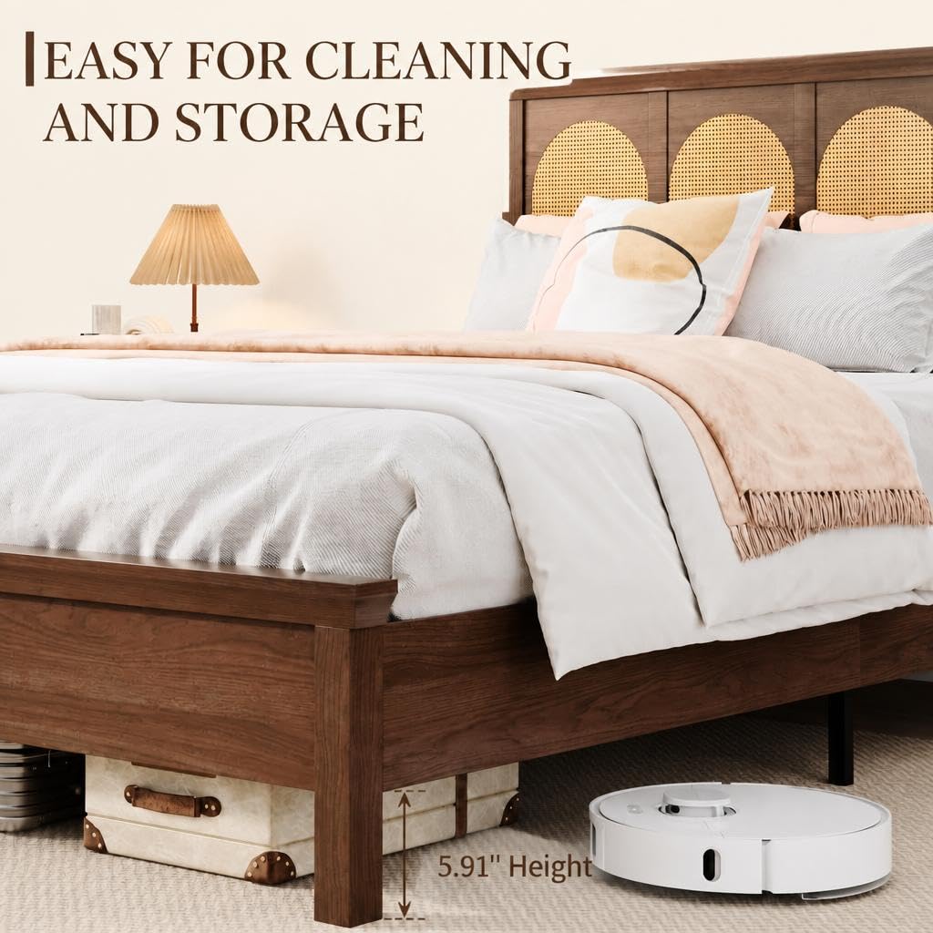 IDEALHOUSE Full Boho Rattan Bed Frame with Headboard and Wooden Platform