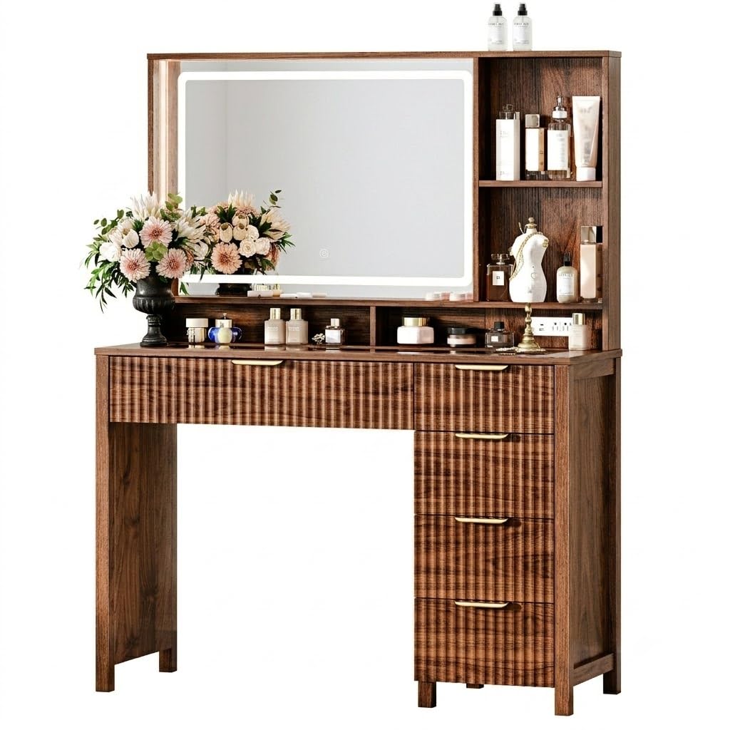 Chestnut Vanity Desk with Lighted Mirror