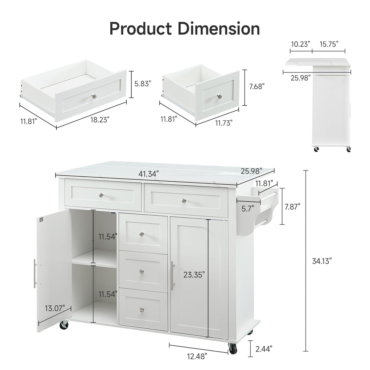 ONBRILL 47" Kitchen Island with 2 Storage Cabinets & 5 Drawers, White