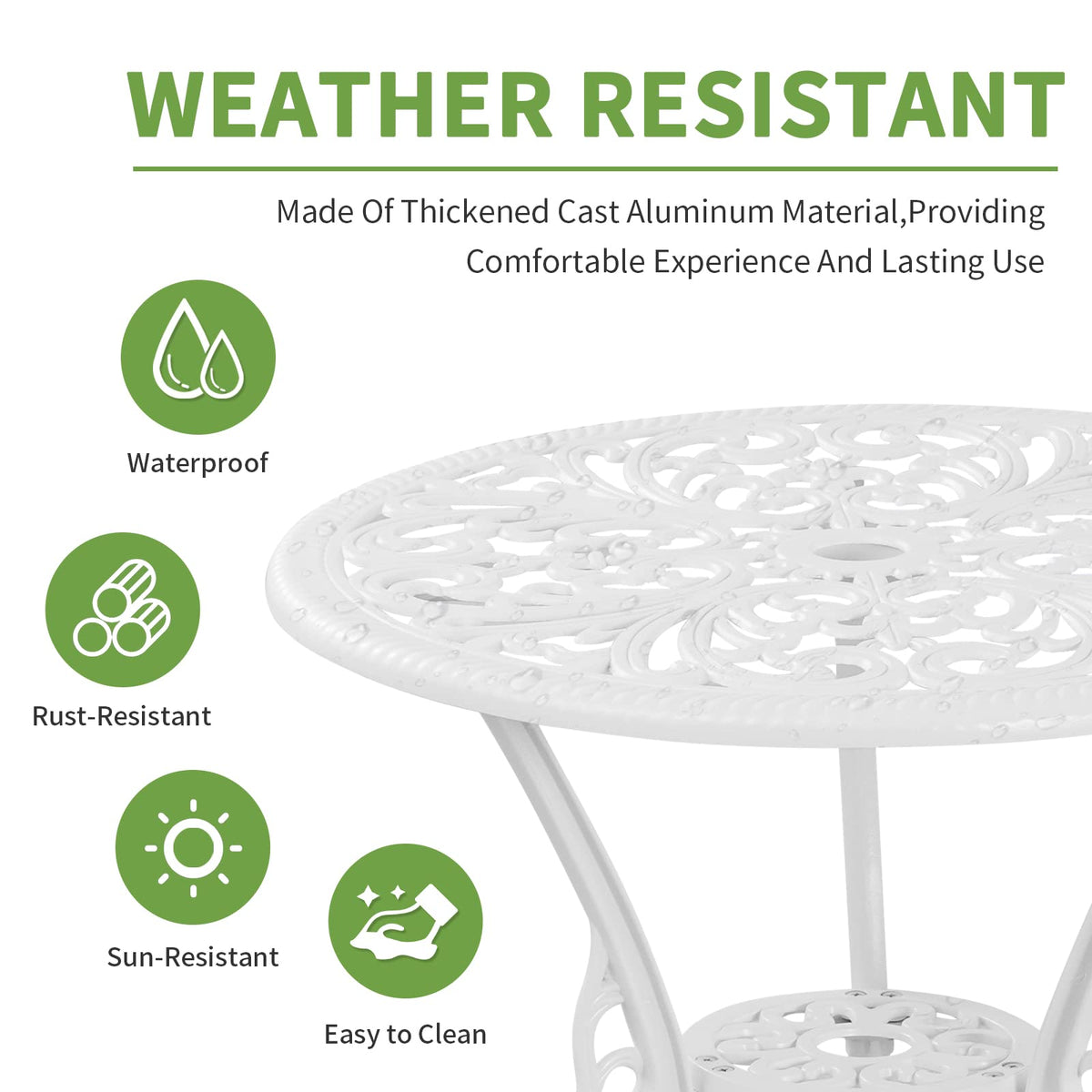 Withniture Outdoor Cast Aluminum Bistro Table and Chairs Set of 2 with 1.97" Umbrella Hole,All Weather 3 Piece Patio Bistro Set for Yard (White)