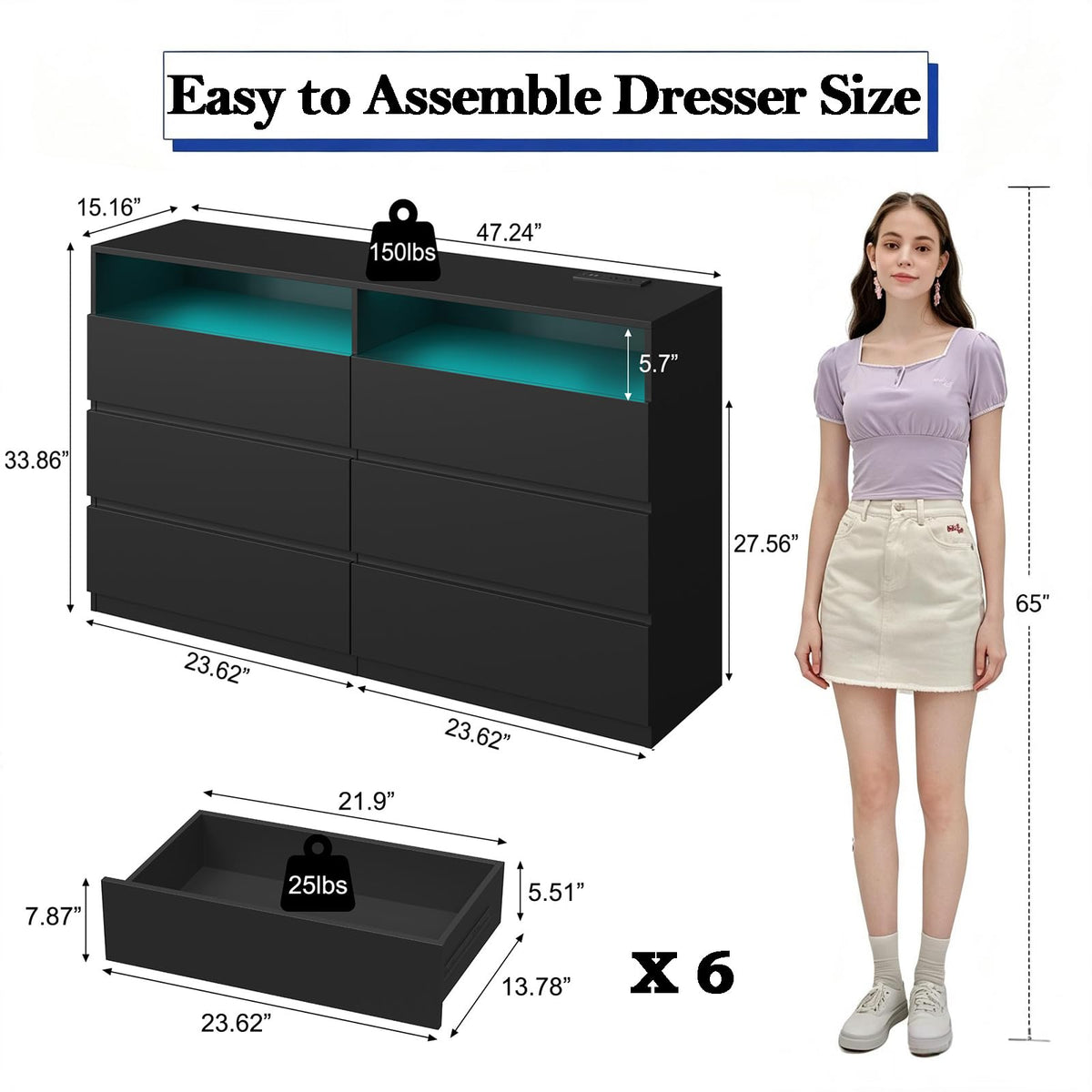 Premium 6 Drawers 2 Shelves 47"L Bedroom Black Dresser with RGB Lights
