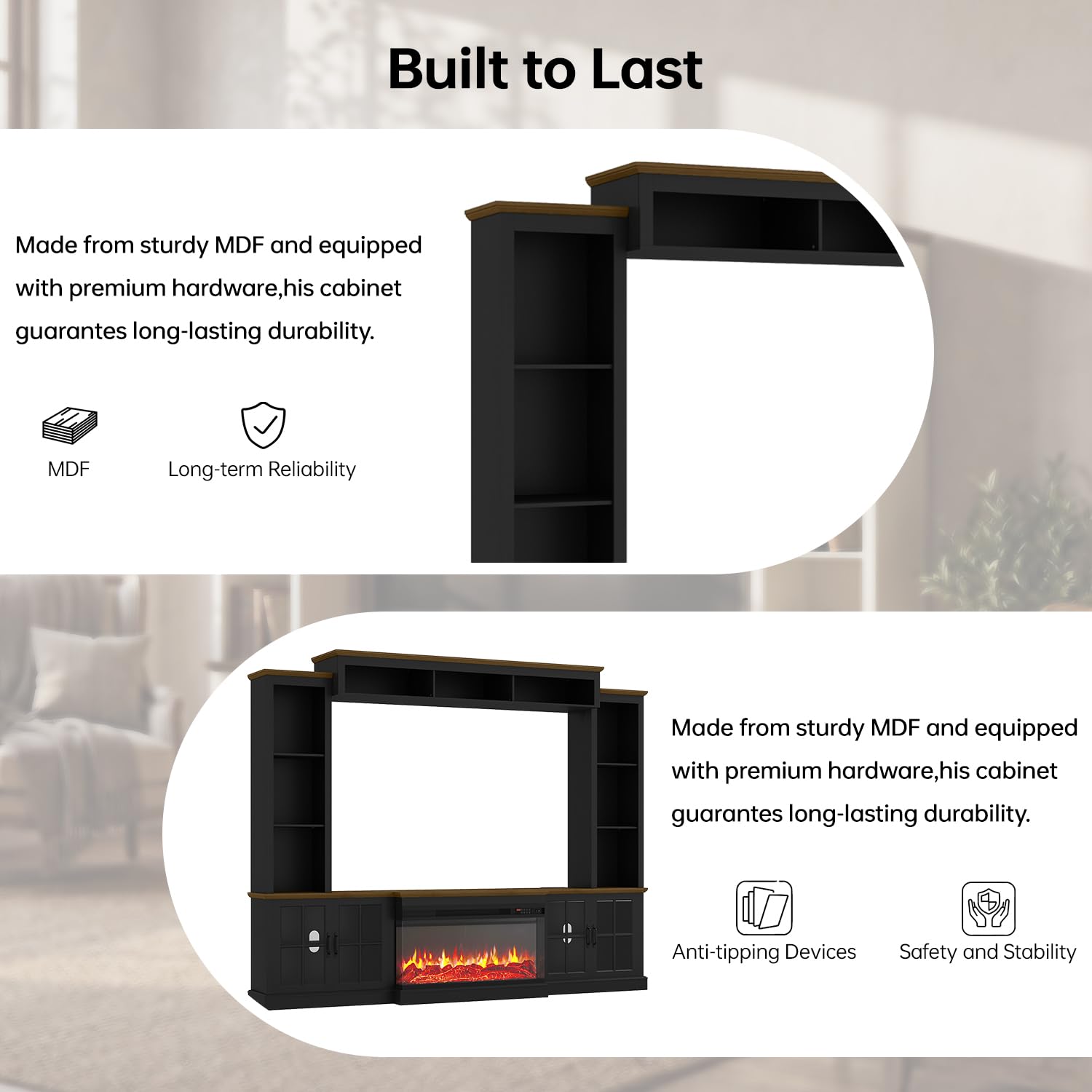 Nordivale 98" Farmhouse Fireplace TV Stand Entertainment Center with Bookshelf, Wall Unit Media Console with Power Outlets & Barn Doors, Fits TVs up to 75" for Living Room, Black