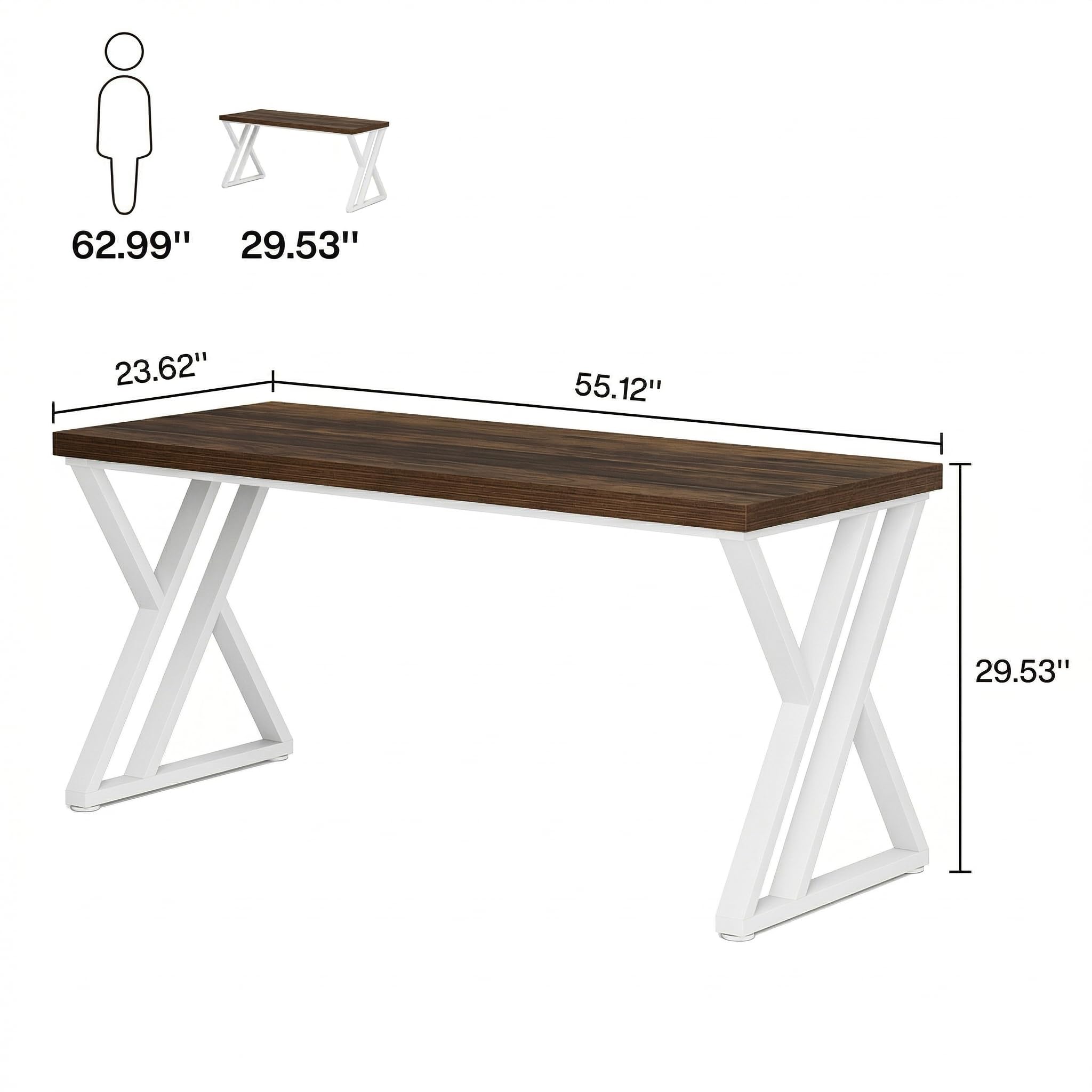Tribesigns Modern Walnut/White 55" Heavy Duty Computer Desk, Study & Work Desk, 23.6"D x 55.1"W x 29.5"H, Z-Shaped Metal Legs, 330 lbs Capacity