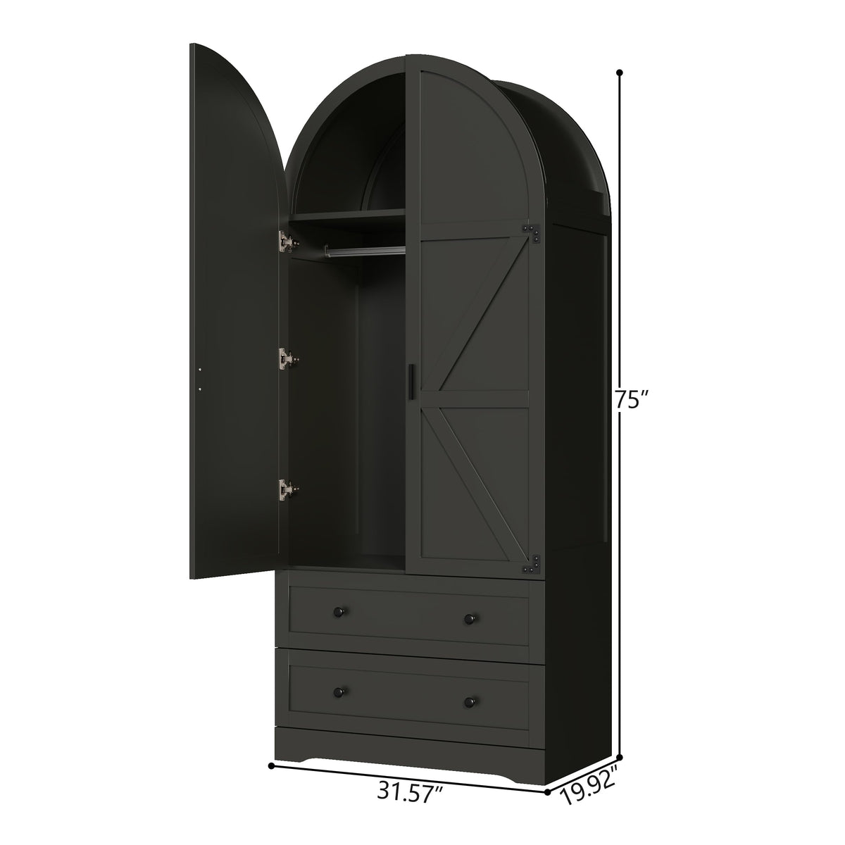 Gyfimoie Black Armoire Wardrobe Closet with 2 Drawers, 75" Wooden Wardrobe with 2 Doors, Freestanding Closet Armoire Cabinet with Hanging Rack, Clothing Storage Cabinet for Bedroom (Black)