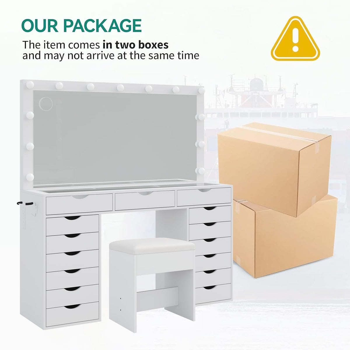 15-Drawer LED Makeup Vanity with Stool
