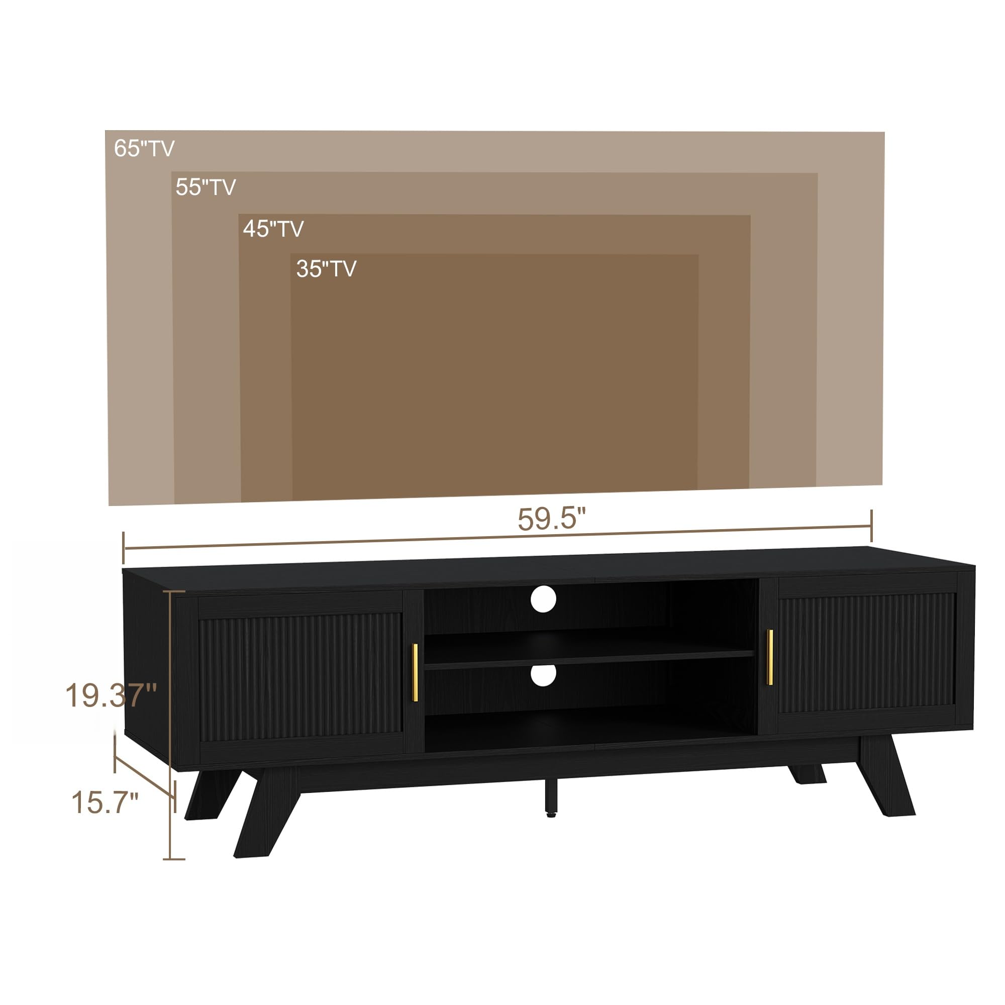 ChooChoo 59.5" Fluted TV Stands for 65 Inch TV, Mid Century Modern Entertainment Center with Storage and Adjustable Shelf, Long TV Console Media Table for Living Room, Bedroom, Black