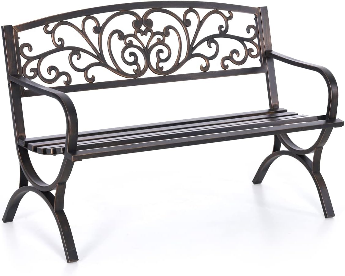 MFSTUDIO 50 Inches Outdoor Garden Bench, Cast Iron Metal Frame Patio Park Bench with Floral Pattern Backrest, Arch Legs for Porch, Lawn, Yard-Bronze