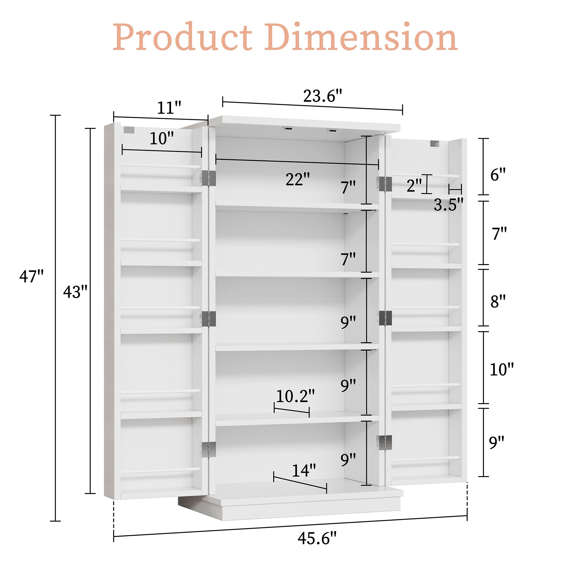 Meilocar 47in Kitchen Pantry Cabinet, Wood Kitchen Storage Pantry Cabinets Freestanding Pantries Cabinets with Doors & Adjustable Shelves, White