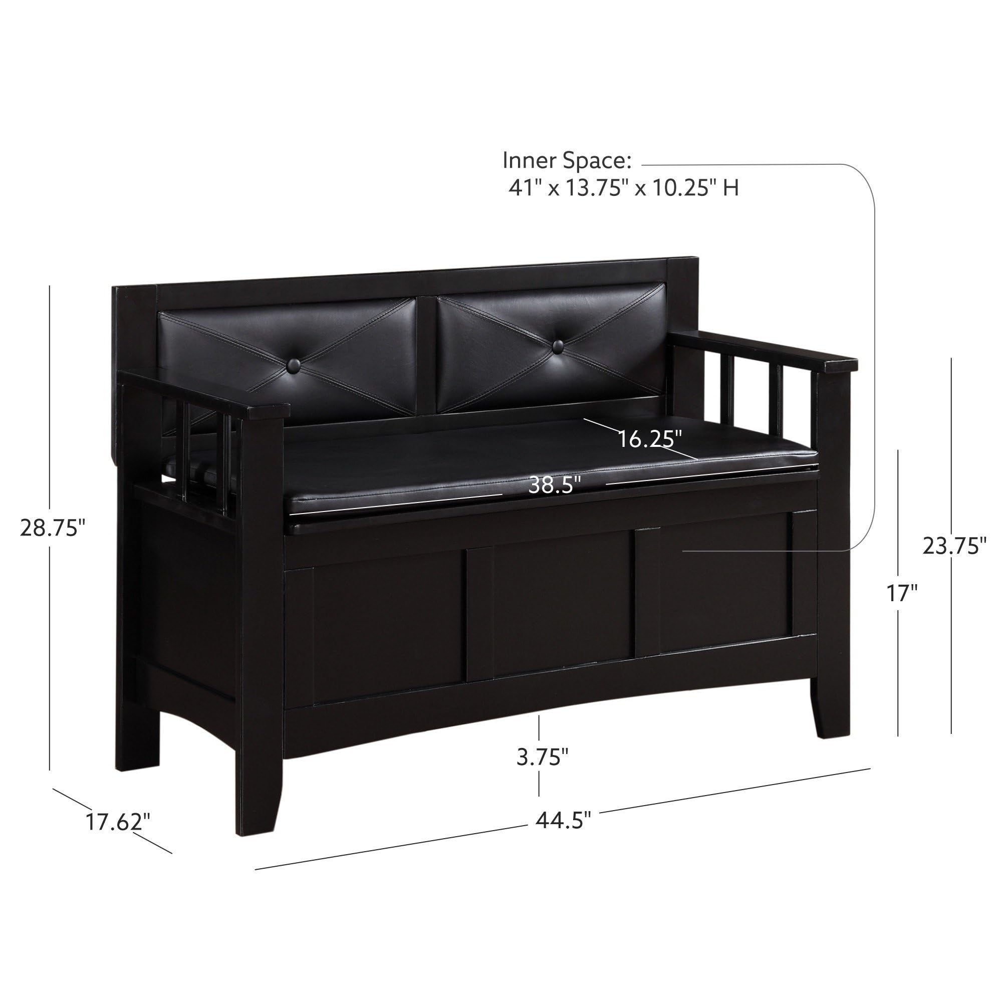 Linon Carlton Padded Bench, 44.5"W x 17"D x 30"H, Black