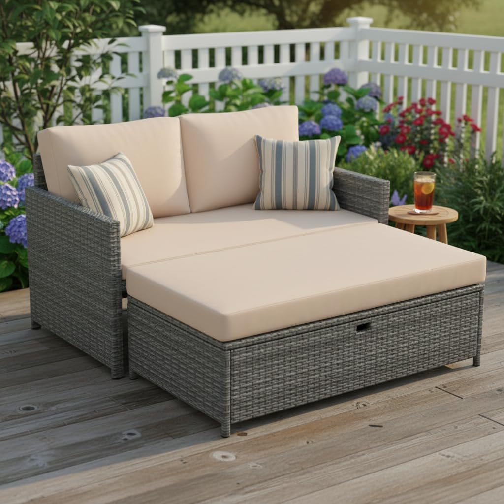 Outdoor Rattan Loveseat & Storage Ottoman Set