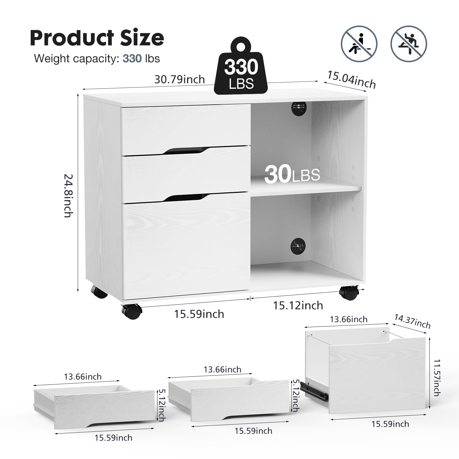 Rolling File Cabinet with 3 Drawers & Adjustable Shelf