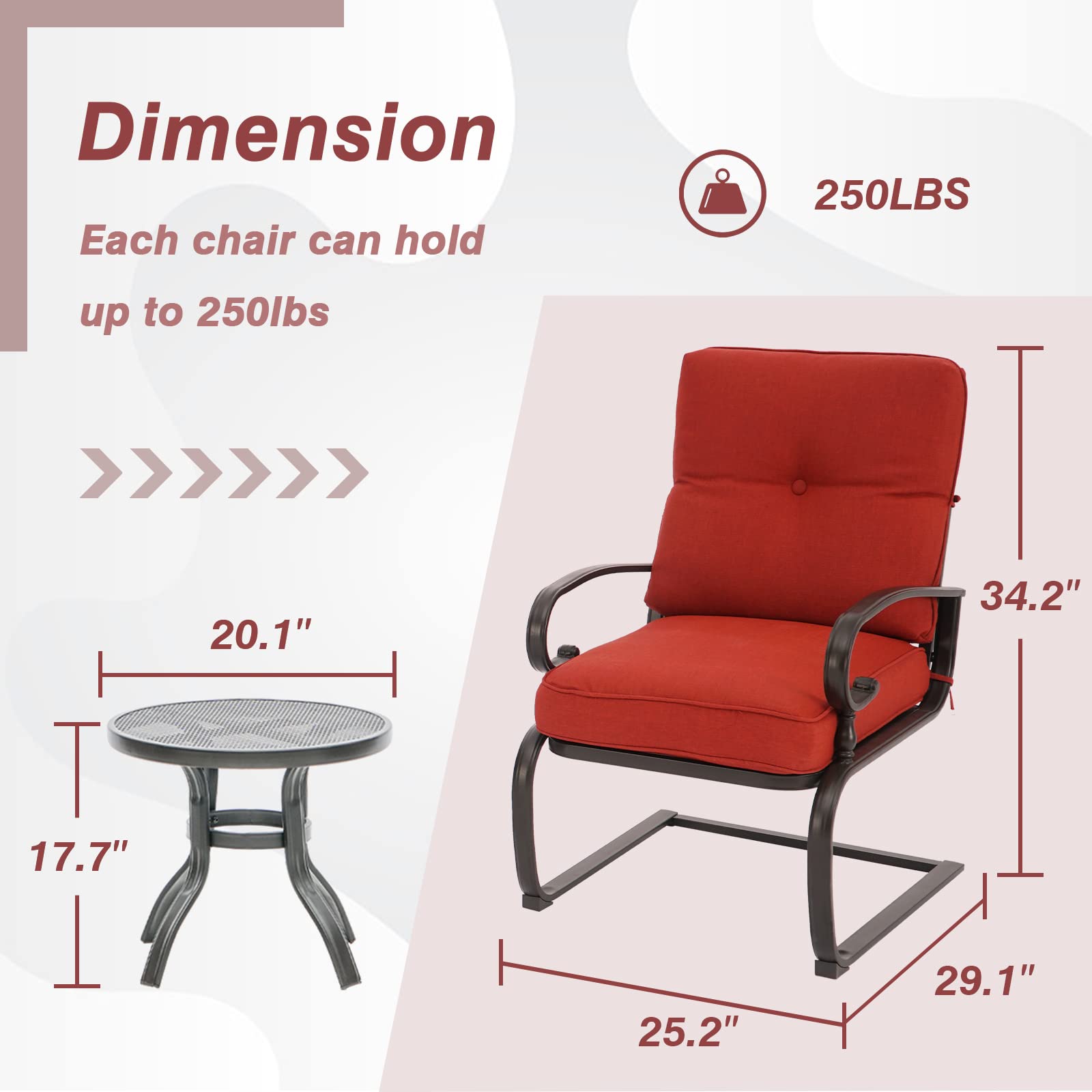 Oakcloud Outdoor Bistro Set 3-Piece Spring Metal Lounge Cushioned Chairs and Bistro Table Set Wrought Iron Cafe Furniture Seat, Red
